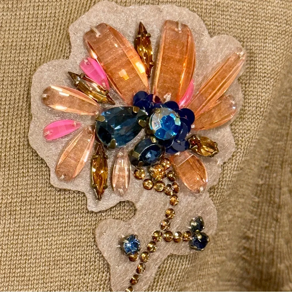 J Crew V Neck Cardigan Sweater with Floral Embellished Jewel Patch
